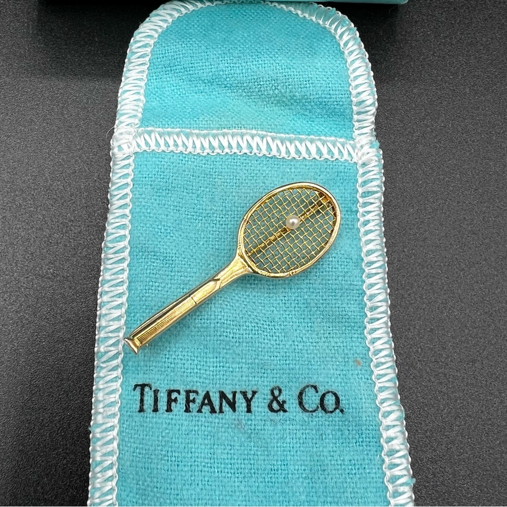 RARE Vintage Tiffany & Co. 14K Yellow Gold Tennis Racket Brooch with Pearl.